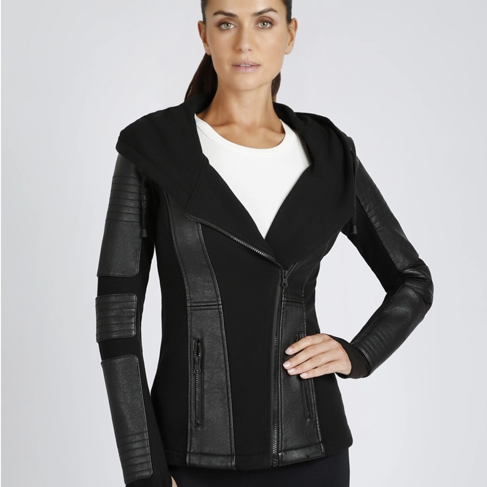 Blanc Noir Black Leather Jacket with Hood